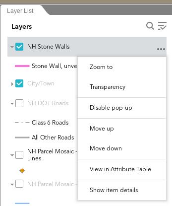To zoom to a layer, adjust the transparency of a layer, or move the layer s position within the layer list, click the three dots to the right of the desired layer. To zoom to a layer, select Zoom to.