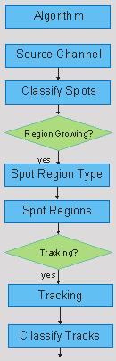Growing and Tracking Structure of the Creation Wizard is: 1/7 Algorithm 2/7 Source Channel 3/7 Classify Spots 4/7 Spot Region Type 5/7 Spot Regions 6/7 Tracking 7/7 Classify Tracks
