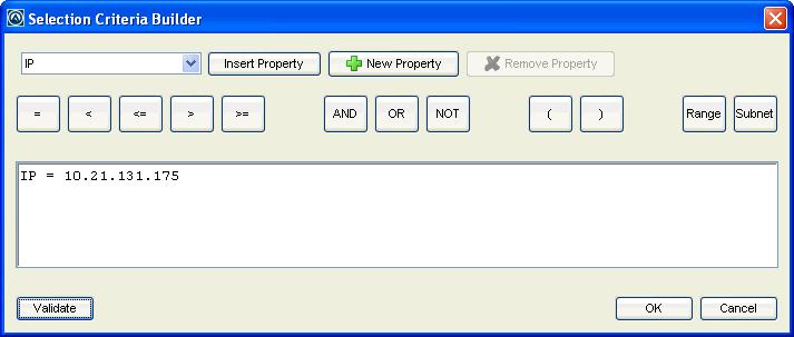 Chapter 18: Using Selection Criteria 194 Selection Criteria Builder 2 From the drop-down list, select a property and click Insert Property. For information about properties, see Selection Variables.