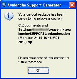 Chapter 3: Avalanche Java Console 43 Avalanche Support Generator Location 8 Make a note of the location and click OK. 9 Attach the.