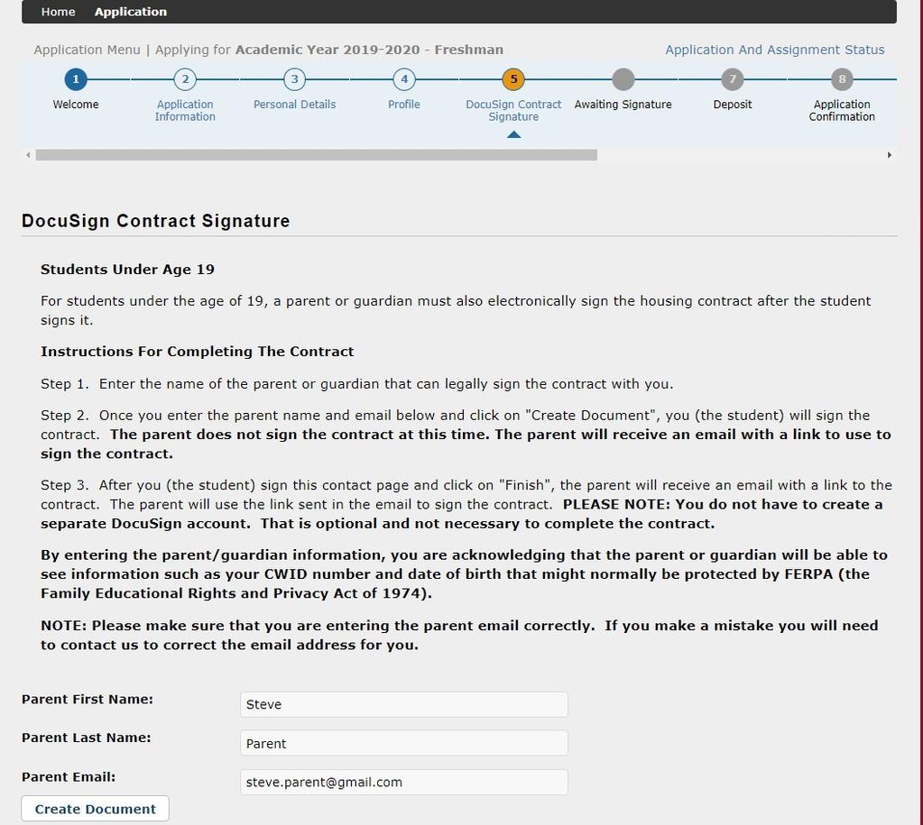 Screen 5: DocuSign Contract Signature This screen will allow you to read and agree to the Housing Contract.