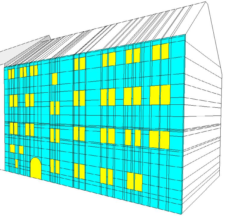 After they have been differentiated based on the availability of measured LIDAR points, empty cells are eliminated from the facade, while the remaining façade cells are glued together to generate the