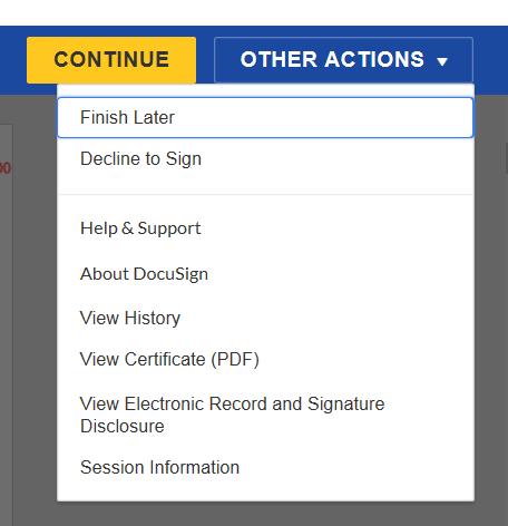 To the right of the CONTINUE button is an OTHER ACTIONS menu which includes additional options. After selecting Continue, the document will be clearly visible. Click on START or the Sign box.