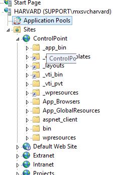 2 Verify that SharePoint has propagated the ControlPoint website, as indicated by its presence in the IIS of the server).