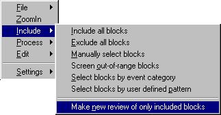 Review#2 shows blocks selected using the file shown in Notepad editor to the right. Each line contains just one character, 1 or 0 for include or exclude.