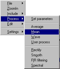 The Process settings window has one panel for use with the Mean function; adjustment relating to IBI, from which Heart Rate is derived. IBI artifact rejection.