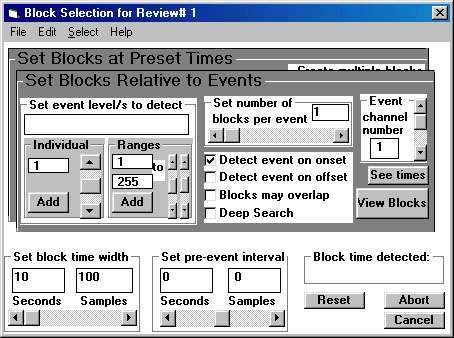 The primary mode of block selection is 'Set blocks relative to events', as most experiments involve some type of events marked into the recording, even if these are just buttons pressed by an