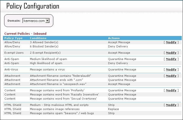 4.1 Introduction Policies Tab Functionality When you click the Policies tab ( summary of the current inbound policies.
