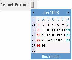 To view previous or subsequent months, click the < or > arrow. To select a specific day, click on the date. To select an entire week, click the week number (in the blue-shaded column).