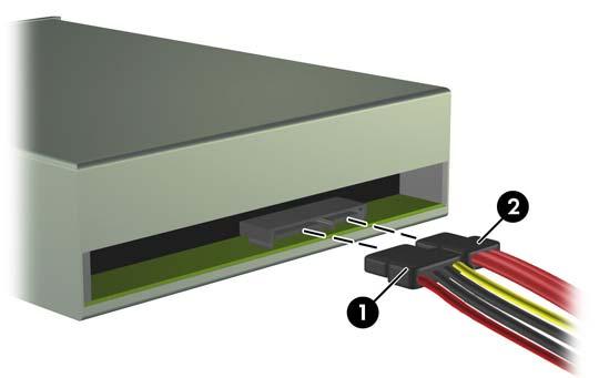13. Connect the power cable (1) and data cable (2) to the rear of the optical drive. Figure 24 Connecting the Power and Data Cables 14. Replace the front bezel and access panel. 15.