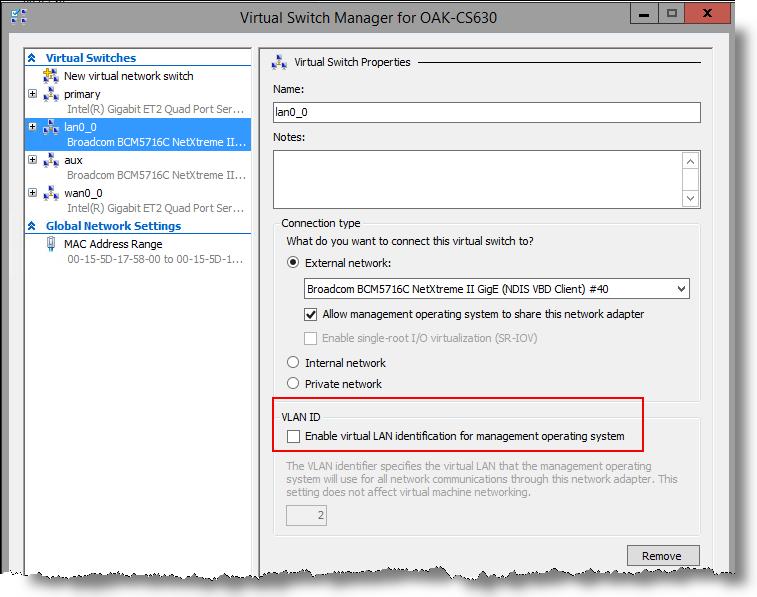 Virtual Switch Manager page Note: Be sure that the Enable virtual LAN identification for management operating system check box is
