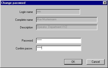 Setup User Management 3-15 Change Password If the password is to be changed, first log onto the system using your current password. Then select the "Change password" menu item. DialogPasswortAendern2.