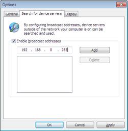 (4) Click on Search for device servers and input 192.168.0.255 and select Add as shown below and select OK.