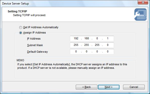 (12) Input the default parameters shown below and select Next. IP Address: 192.168.0.1 Subnet Mask 255.