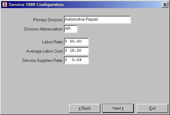 Setup Screen #2 of 3 This dialog configures your primary Division.