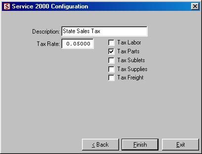 Screen Number #3 of 3 This dialog configures your Sales Tax. Service2000 has provisions for elaborate tax schemes involving multiple taxes that exist in some states and Canada.