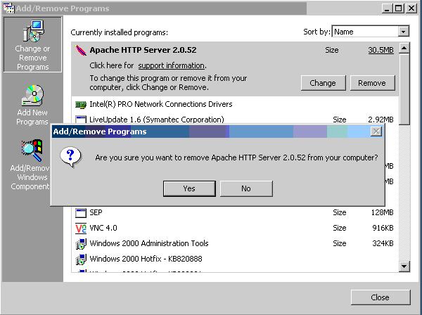 2 Figure D2 Un-install Apache HTTP Server 3) Click the