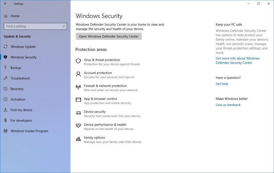Windows Security The Windows Defender page is renamed to Windows Security.
