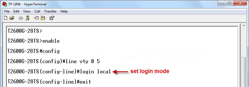 Login Local Mode Firstly, configure the Telnet login mode as login local in the prompted DOS screen shown in Figure 1-3.
