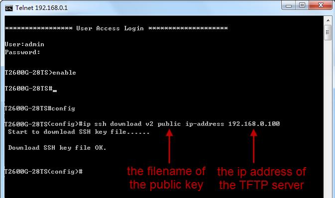 Log on to the switch by Telnet and download the public key file from the TFTP