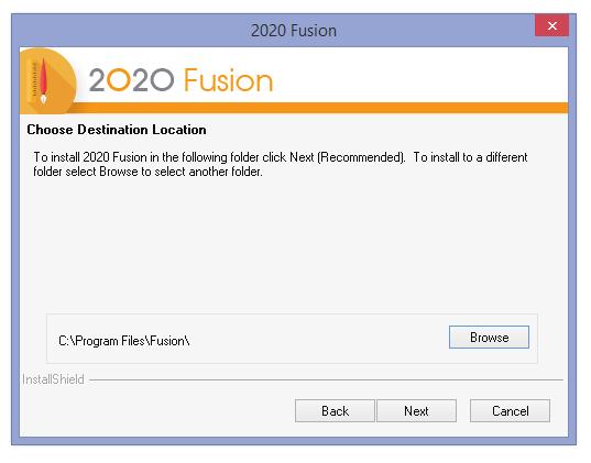 Fusion Client Network Destination of the new Database is entered. Click Next.