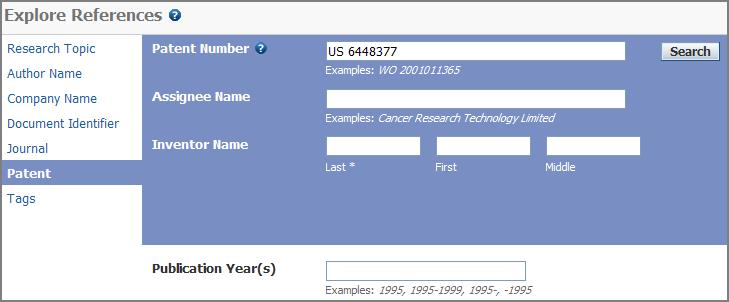 F. Search by Patent To begin, click Patent. Enter a Patent Number.
