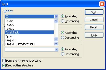 Contents In addition, you can also choose to keep the outline structure when sorting, or sort tasks and resources, regardless of the outline structure.