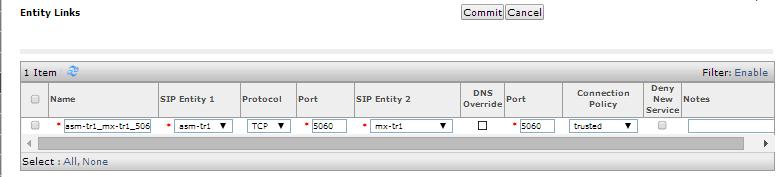 Fill in the following fields in the new row that is displayed: Name: SIP Entity 1: Port: SIP Entity 2: Port: Trusted: Protocol: A descriptive name Select the SessionManager SIP Entity Port number to