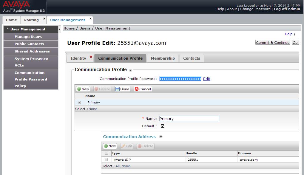 Verify there is a default entry identified as the Primary profile for the new SIP user.