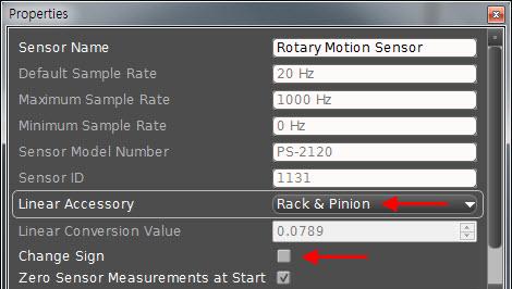 (2) Configure the Rotary Motion Sensor. Click the Rotary Motion Sensor icon and then click the properties button ( ).