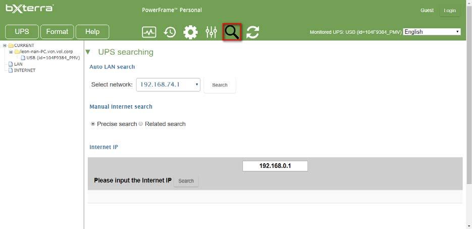 Step 2: Click the UPS search icon (Refer to Figure 19). Figure 19 Auto LAN search: Select the available network addresses from the dropdown menu and then click the Search button.