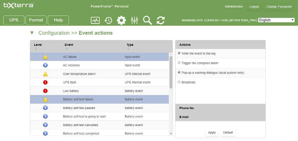 Event Action Configuration To enable or disable various notification channels associated with specific UPS events, go to the UPS > Configuration > Event actions screen.