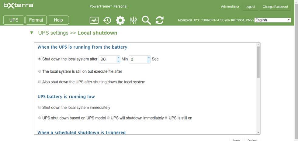 Step 1: To configure Local shutdown settings go to UPS > UPS settings > Local shutdown as shown in Figure 34.