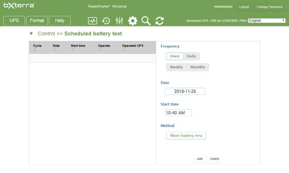 battery test screen, users can choose time parameters. Do not create overlapping schedules. Step 1: To edit battery test schedules, go to UPS > Control > Scheduled battery test as shown in Figure 40.