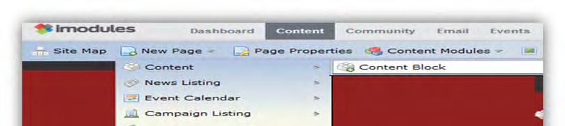 Option 2: On the imodules Administrative Toolbar, go to New Page then choose the type of module to be added on the secondary