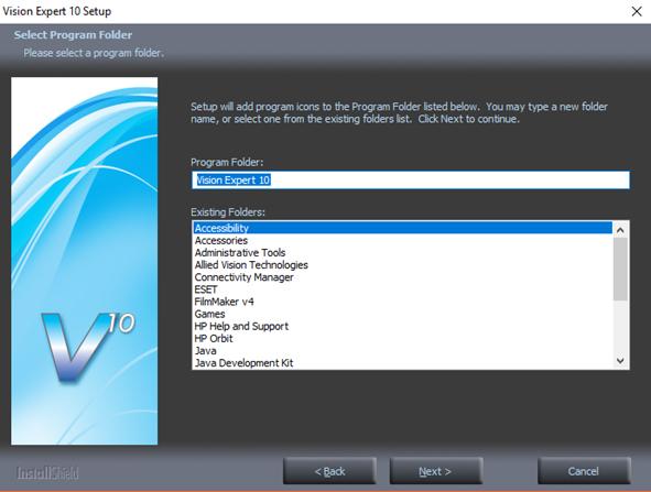 Vision Software Installation Select Next (or change the