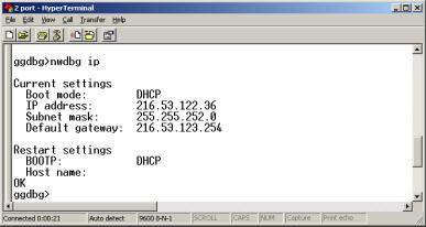 Figure 2 2-Port Gateway WAN Timeout Message Modifying WAN IP Settings To change the WAN IP acquisition method, enter: nwdbg ip <dhcp bootp manual> Enter the desired IP settings.