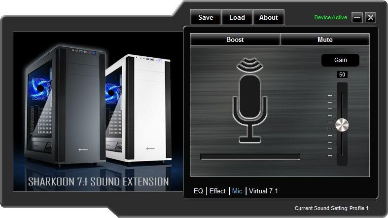 Microphone Within the Mic menu, adjust the microphone sensitivity by increments up to 100. The Boost function amplifies the signal. Click Mute to mute the microphone.
