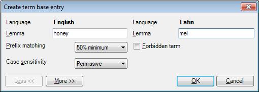 If the term bases contain terms containing that part of expression, memoq will list them in a separate window, along with their translation.