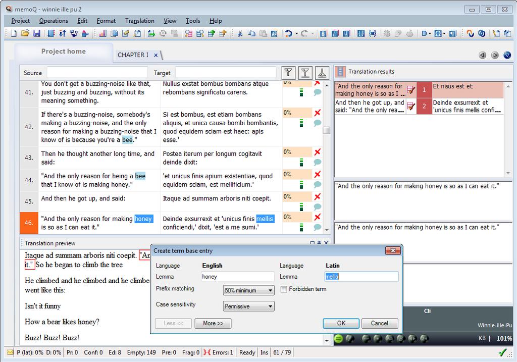 5 Translation and the translation grid Pre-translation If the translation memory is likely to contain many segments from the source text, you can insert them all at once by instructing memoq to