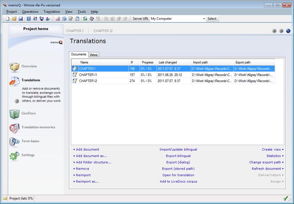 3 The translation process Getting around in memoq In memoq, you can work with one project at a time. memoq displays the contents and settings of the project in the Project home tab.