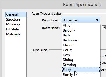 Home Designer Interiors 2019 User s Guide 2. Click the Open Object edit button to open the Room Specification dialog. 3. On the GENERAL panel, click the Room Type drop-down list and select Entry. 4.