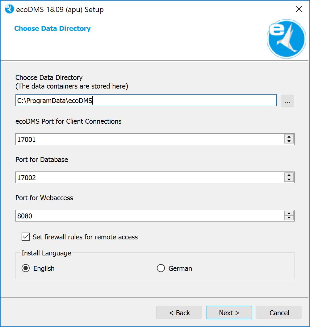 2. Windows 10 ecodms Port for client connections: Assign the port for the connection between ecodms Desktop Client and ecodms Server.