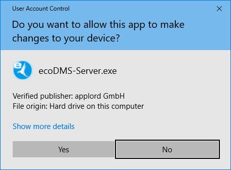 2. Windows 12 Fig. (similar) 2.10: Install ecodms Server: User Account Control 14. The installation is executed. This process may take a while.