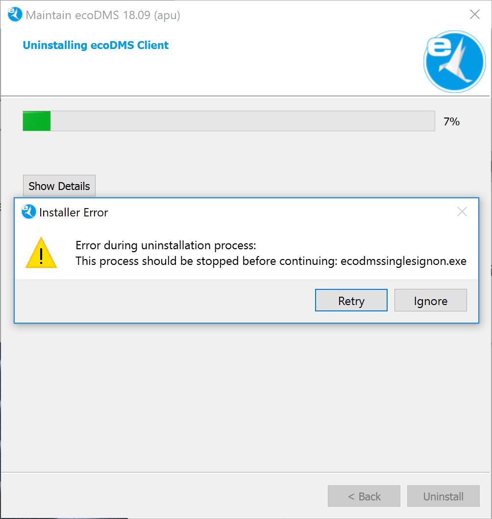 2. Windows 28 Fig. (similar) 2.41: Exit Connection Manager Fig. (similar) 2.42: Error Message During Uninstall Process: ecodmssinglesignon.