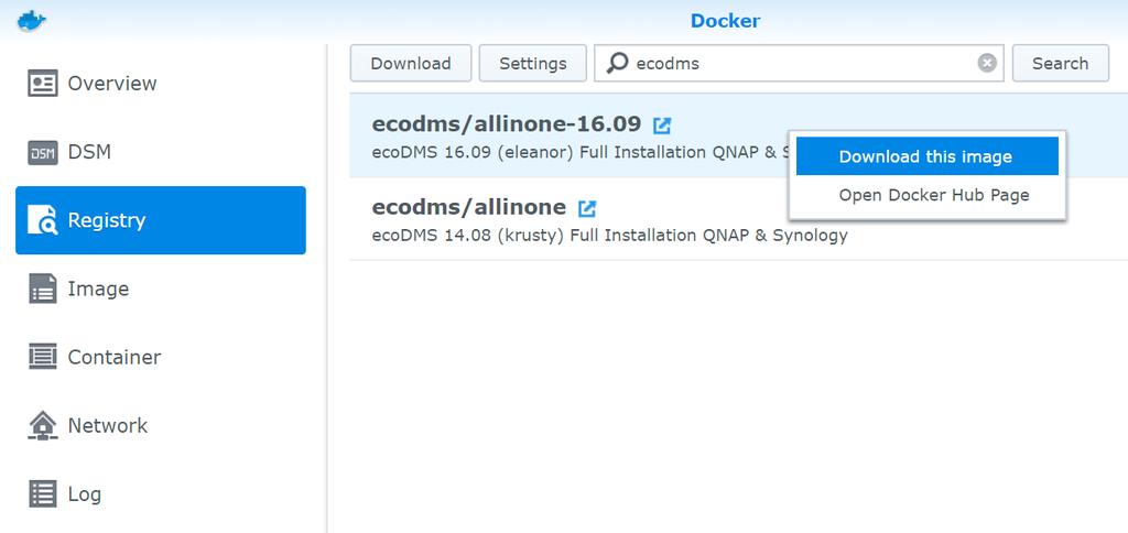 4. NAS 43 Fig. (similar) 4.6: Synology - Install Docker App 4.3.3 Search & Install ecodms Images 1.