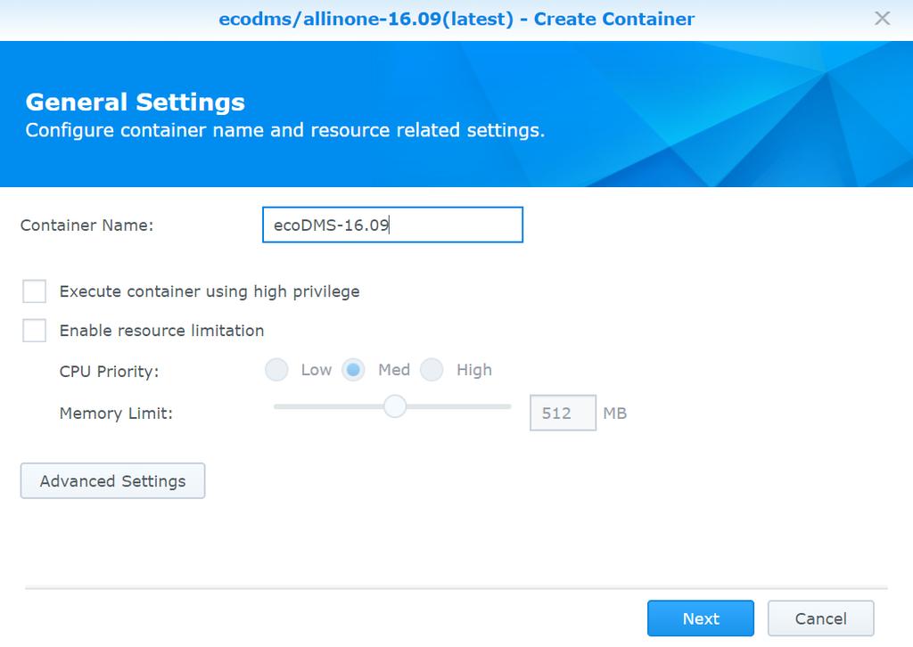 4. NAS 44 Fig. (similar) 4.8: Synology - Container Name 2. Click "Extended Settings". 3. Select the "Port Settings" tab.