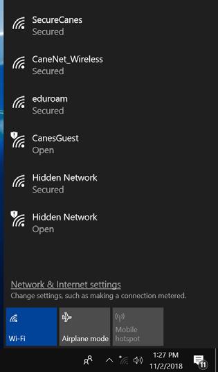 CaneNet_Wireless Section 1.1 Windows 10 1) Click on the wireless signal icon on the bottom right of your screen.
