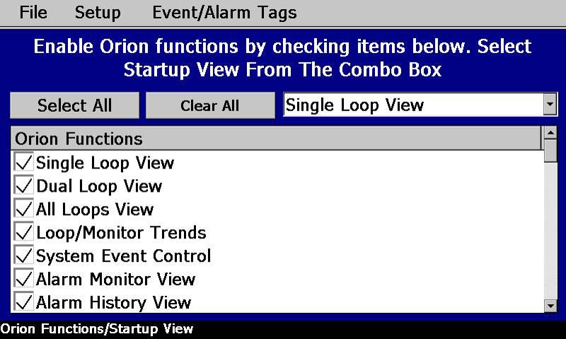 3.6 Orion Functions/Startup View Orion-M iseries The Orion Functions/Startup View screen allows the OEM to select the Start Up/MainView as well as enable or disable Orion-M menu items and