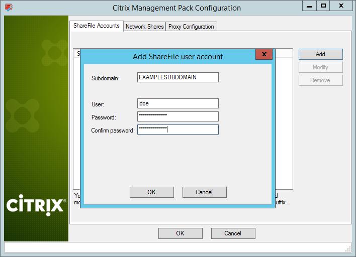 6. Click OK. 7. Repeat steps 4 to 6 for each additional ShareFile account you plan to monitor. 8. Optional. To modify data of an entry, click Modif y.